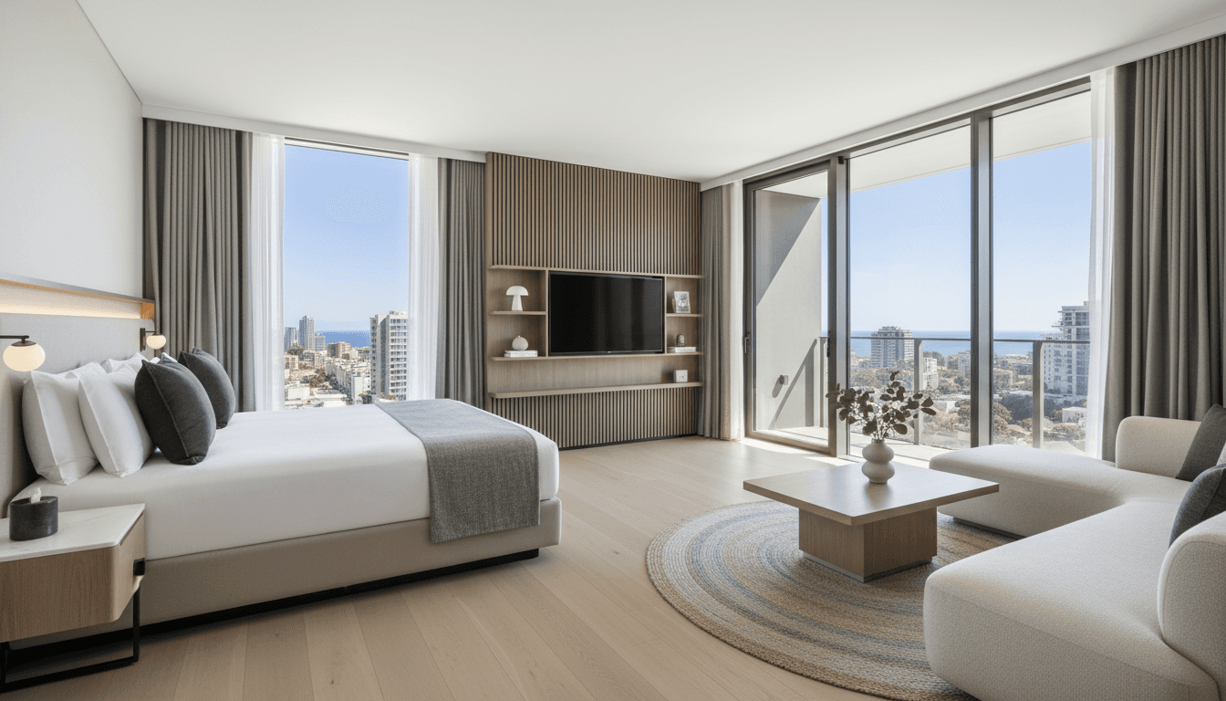 Clean, modern hotel room at Golden Aura Stay with bright lighting and comfortable bed