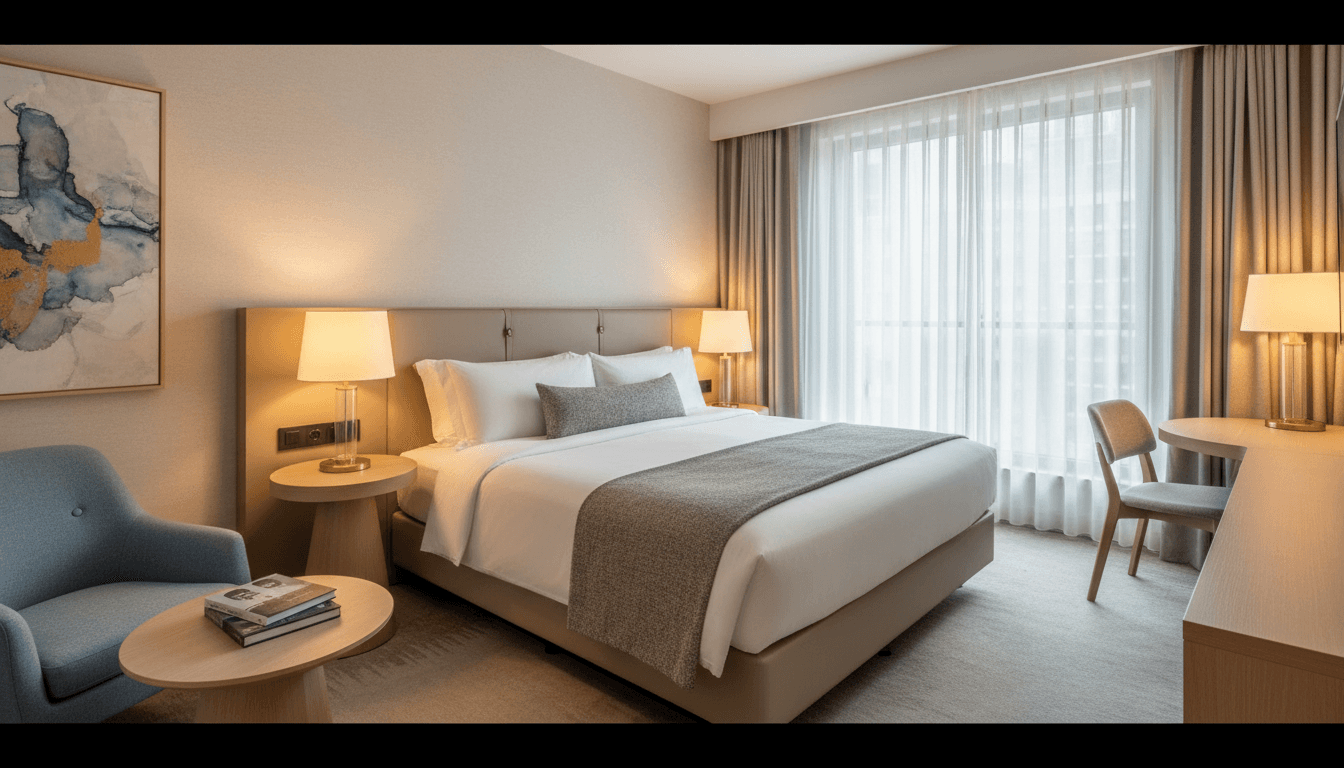 Comfortable modern hotel room with clean bed, warm lighting, and welcoming atmosphere