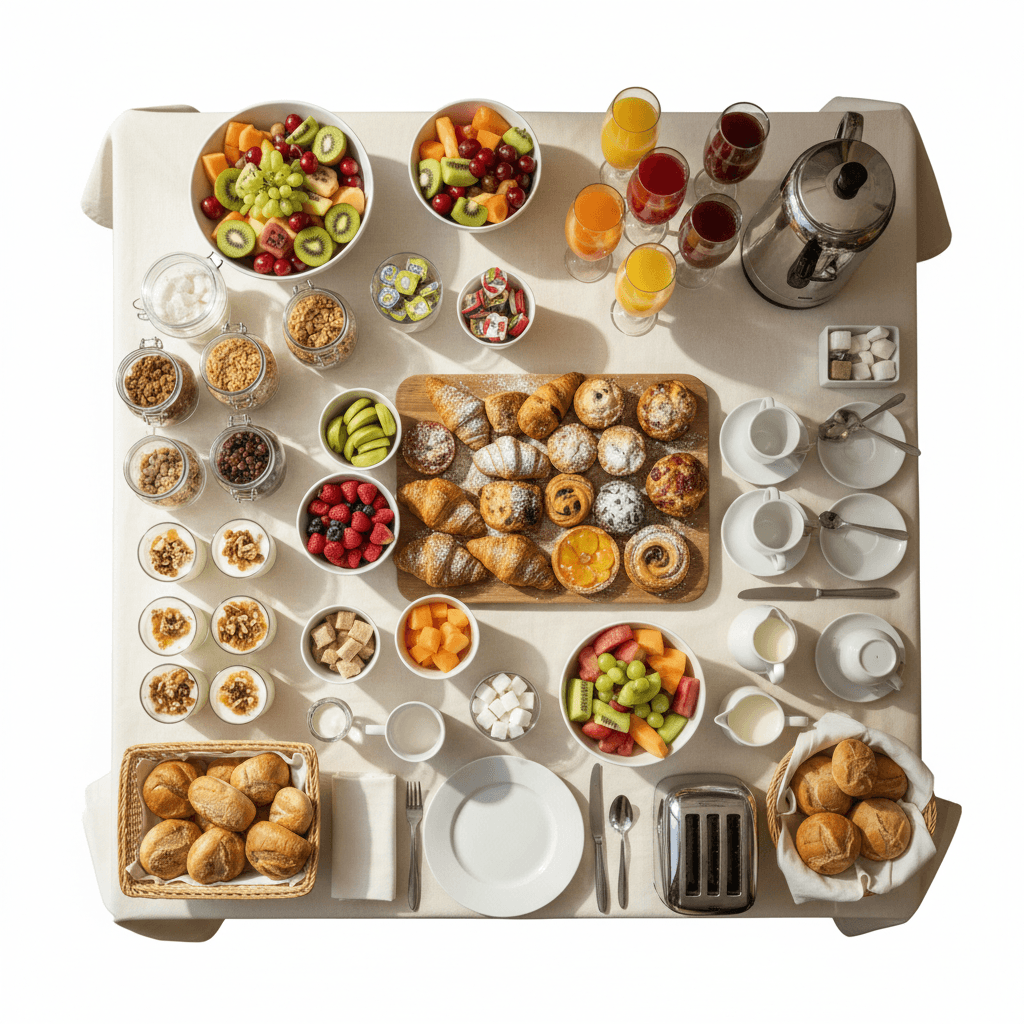 Breakfast buffet with fresh food and beverages