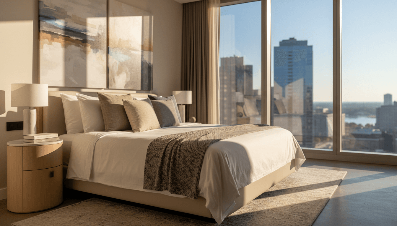 Clean, comfortable hotel room with modern furnishings