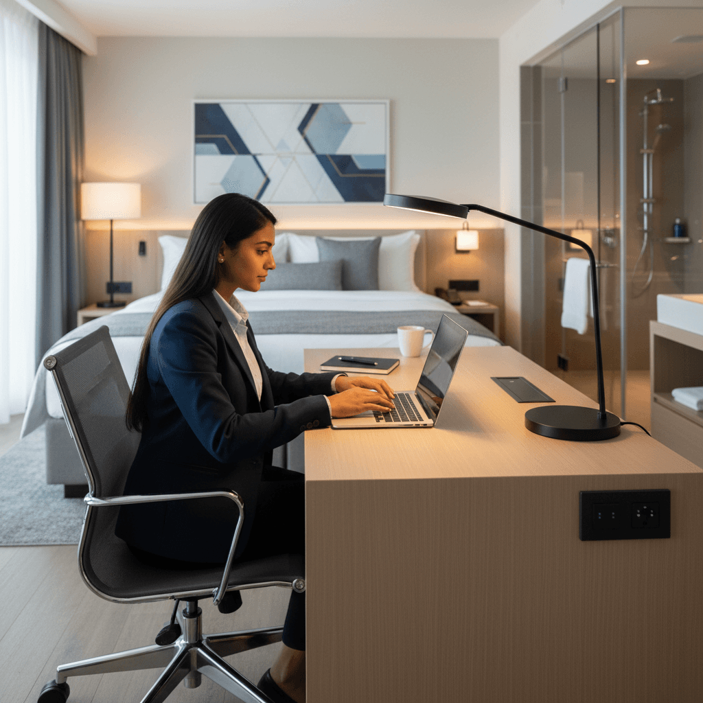 Functional work desk in hotel room