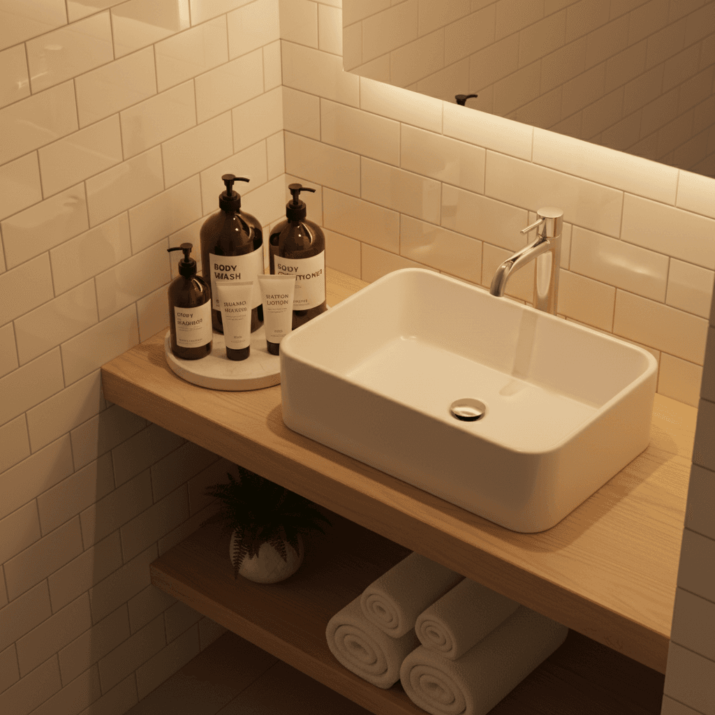 Clean modern bathroom with shower and vanity