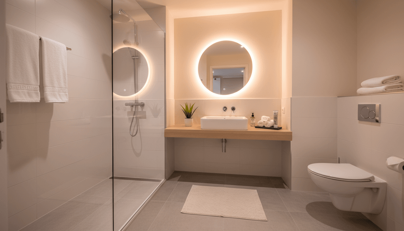 Modern bathroom with fresh towels and amenities