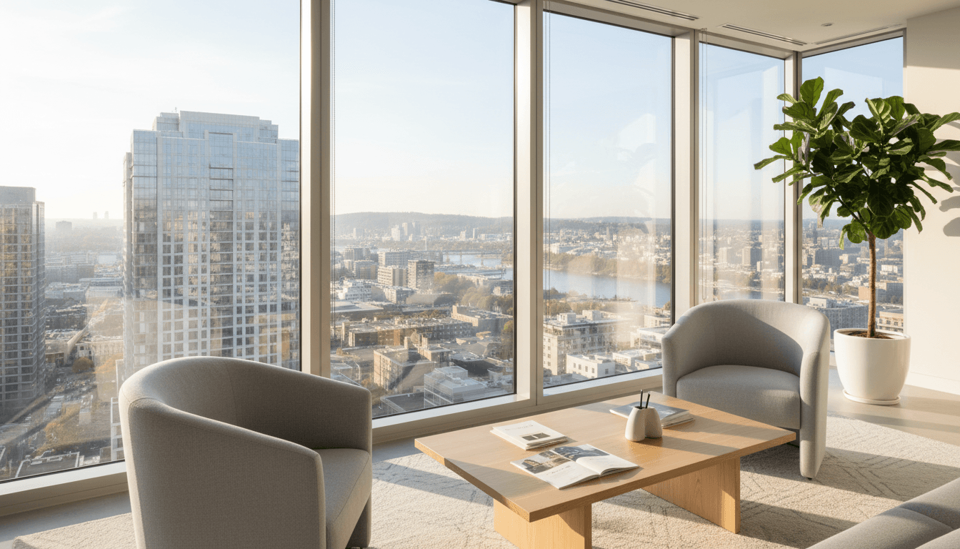 Modern hotel room at Golden Aura Stay with comfortable bed, work desk, and warm ambient lighting