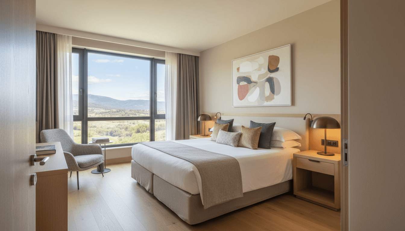 Inviting hotel room at Golden Aura Stay with soft lighting and quality furnishings