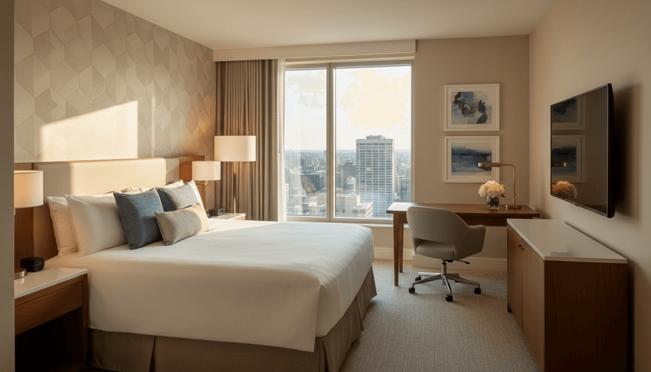 Clean modern hotel room at Golden Aura Stay with comfortable bed and bright lighting