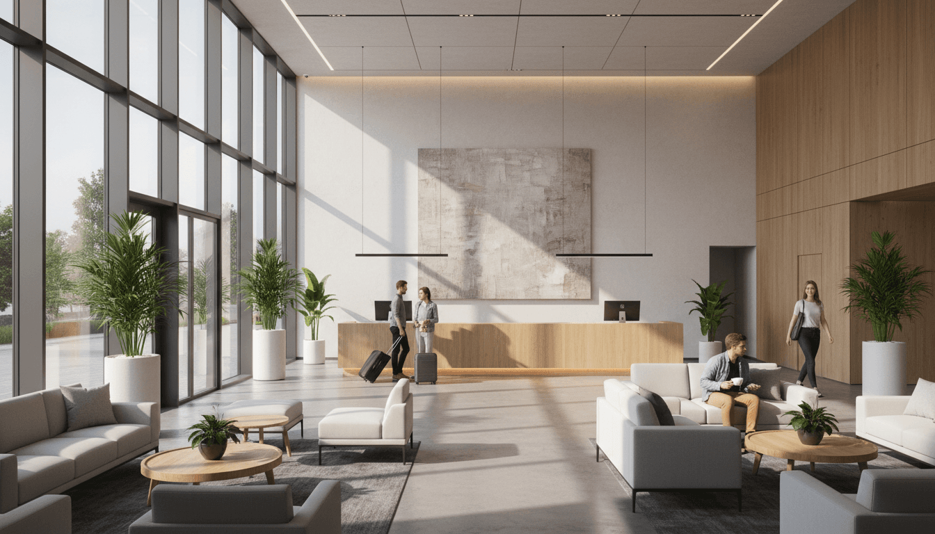 Bright hotel lobby with comfortable seating areas
