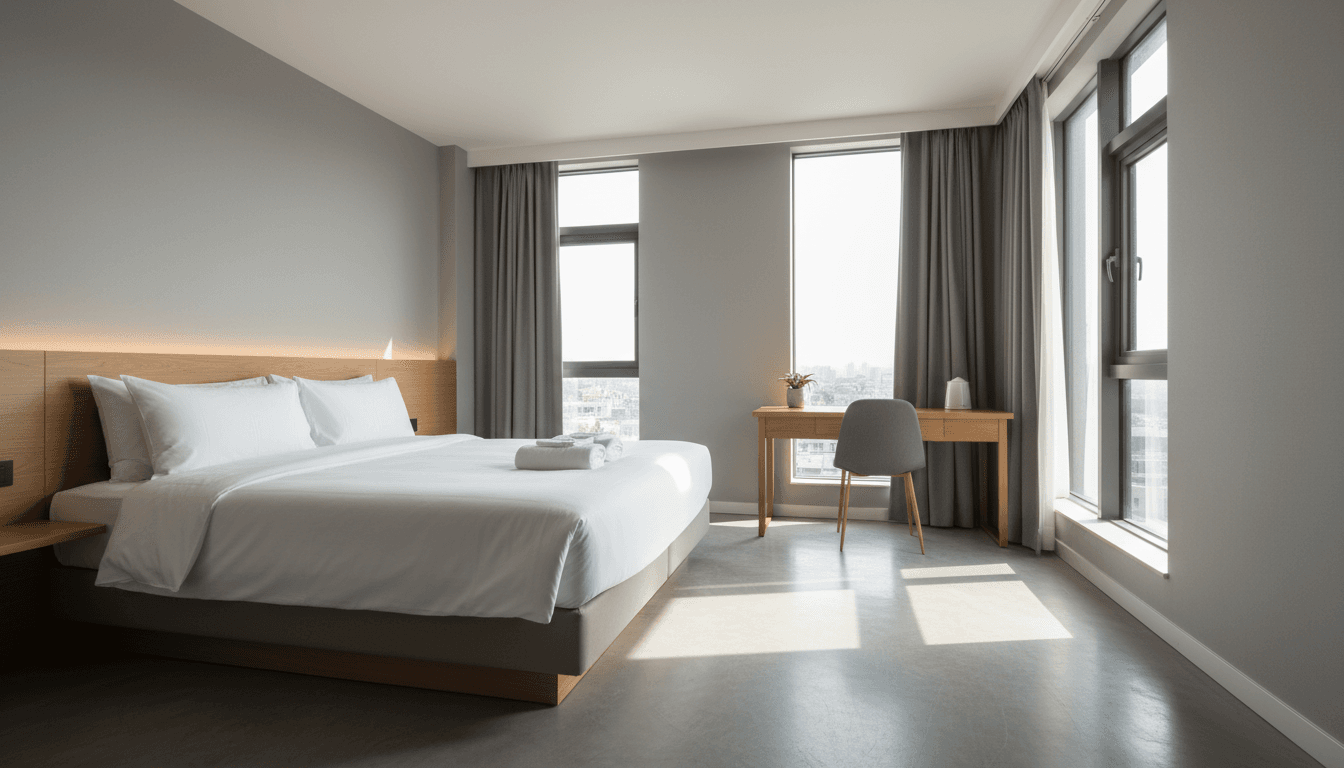 Contemporary hotel guest room with quality bedding and modern decor