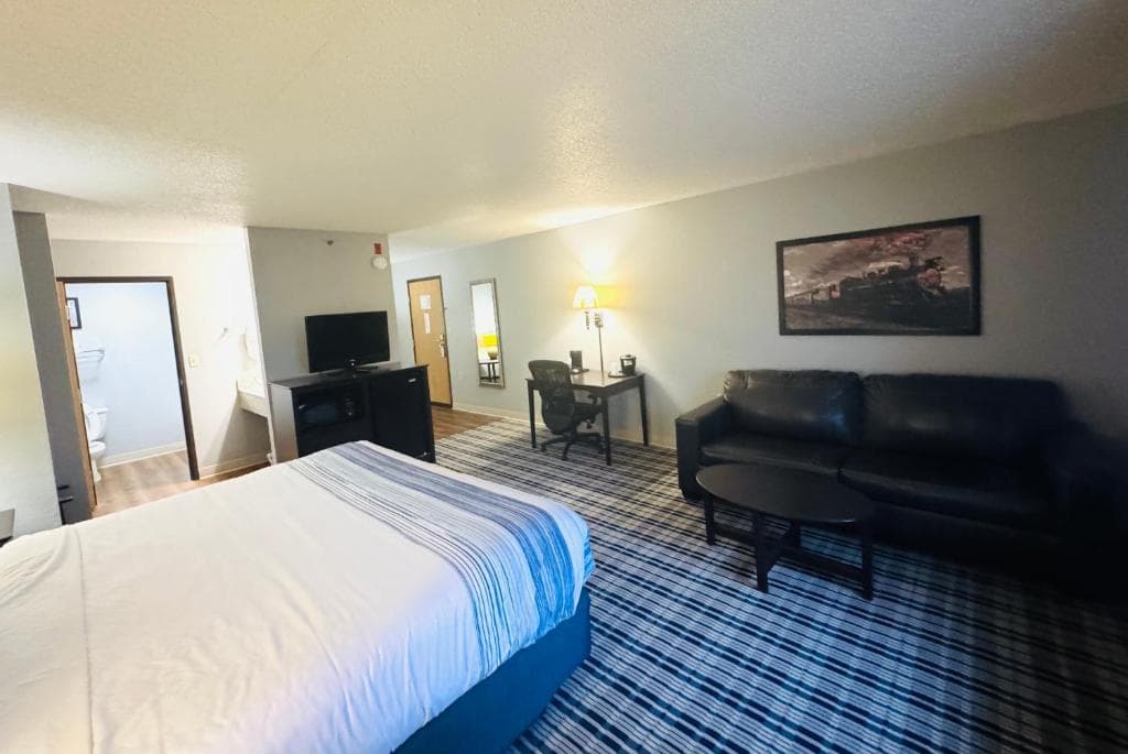 Hotel room with a blue striped bed, black leather sofa, desk, and patterned blue carpet.